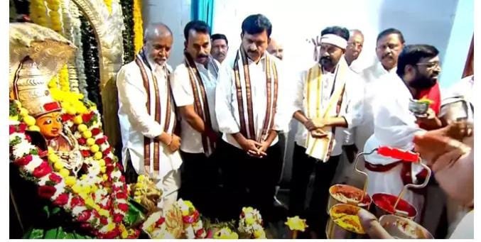 Revanth presented silk clothes to Ellamma thalli