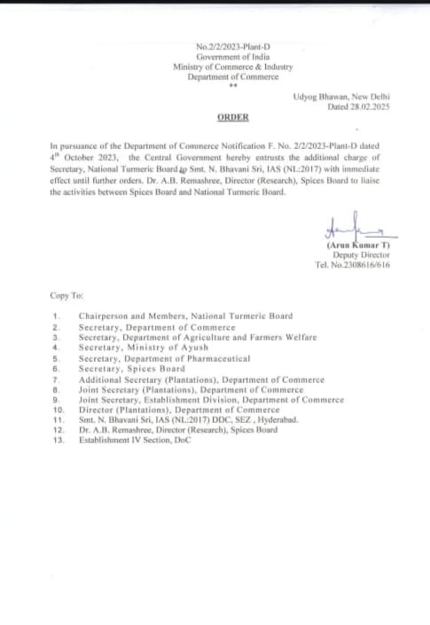 Bhavanishree as Additional Secretary of National Turmeric Board