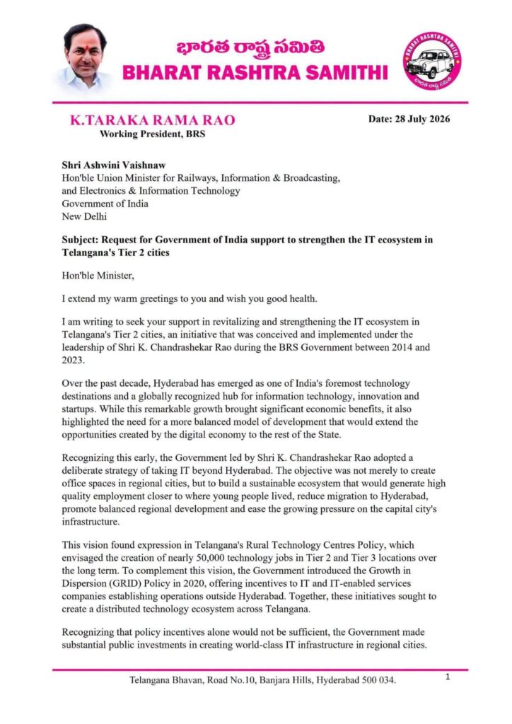 KTR seeks Centre's support for IT and AI development in Telangana's Tier-2 cities.
