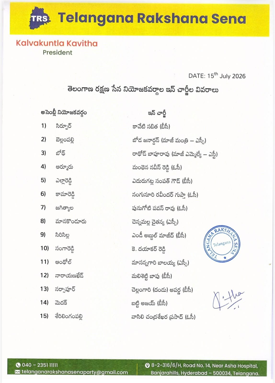 Appointment of Telangana Rakshana Sena in-charges in 23 constituencies.