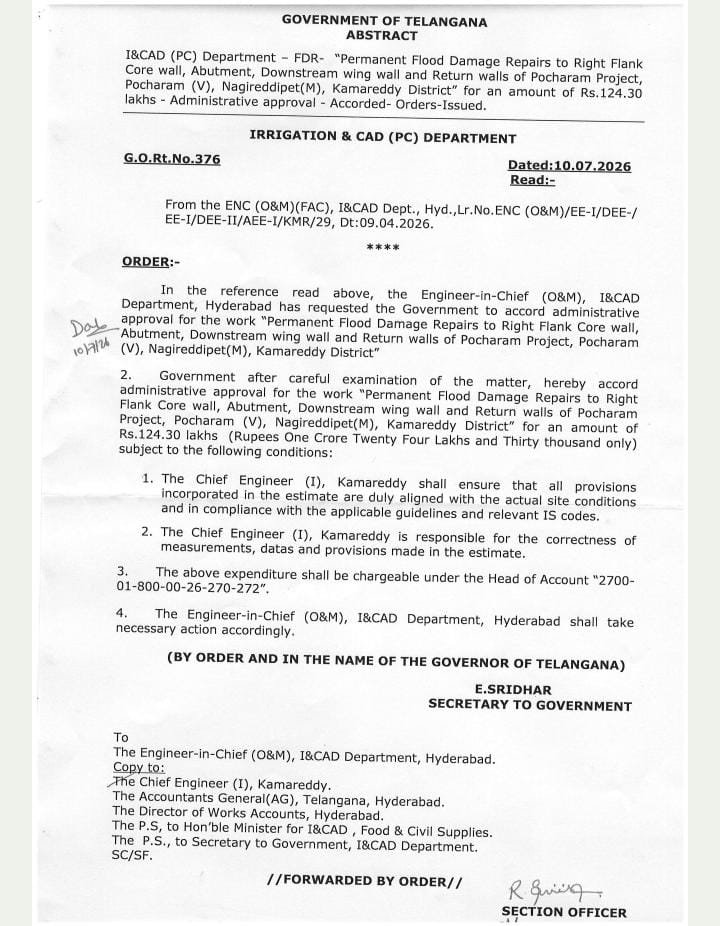 Funds of Rs 3.58 crore sanctioned for Pocharam project