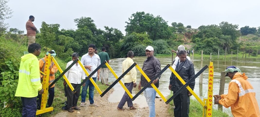 Barricades set up at the Kalki Cheruvu weir.